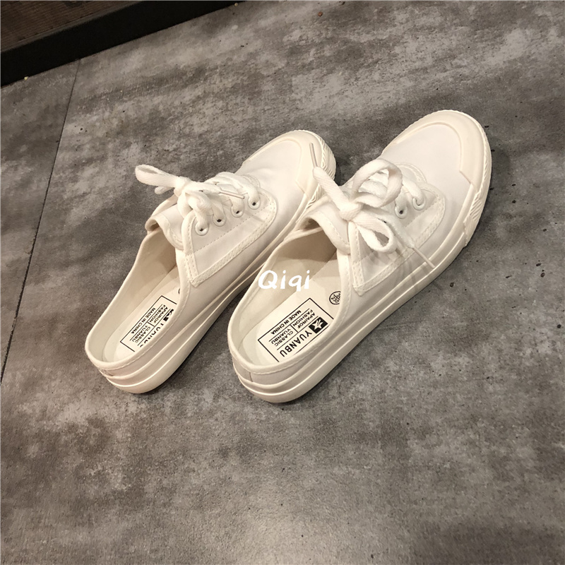 七七主人家の小铺新款无跟帆布鞋女鞋子女夏季小白懒人鞋女一脚蹬半拖板鞋半托1