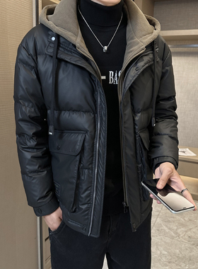潮牌高端皮羽绒服男士假两件连帽