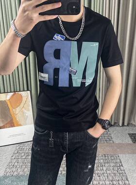 夏季新款短袖T恤男贴布绣字母