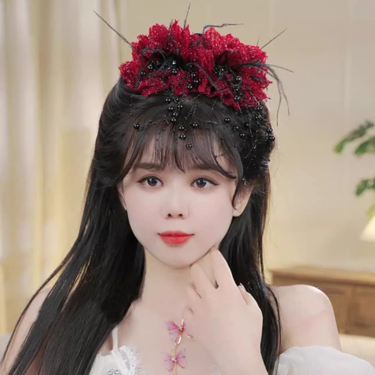 双牡丹大花苞流苏珠珠抓夹女超仙后脑勺盘发鲨鱼夹蓬松高颅顶头饰,淘宝优惠券,粉丝福利购,淘宝优惠卷