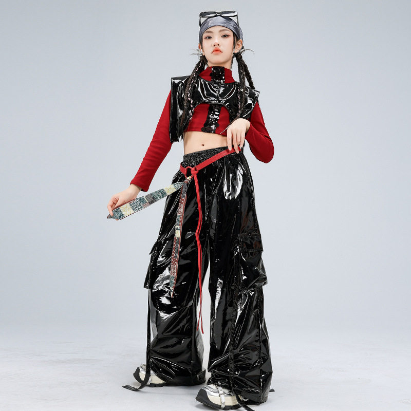 少儿爵士舞服装露脐黑红亮片皮裤套装女童jazz街舞潮服元旦演出服,淘宝优惠券,粉丝福利购,淘宝优惠卷
