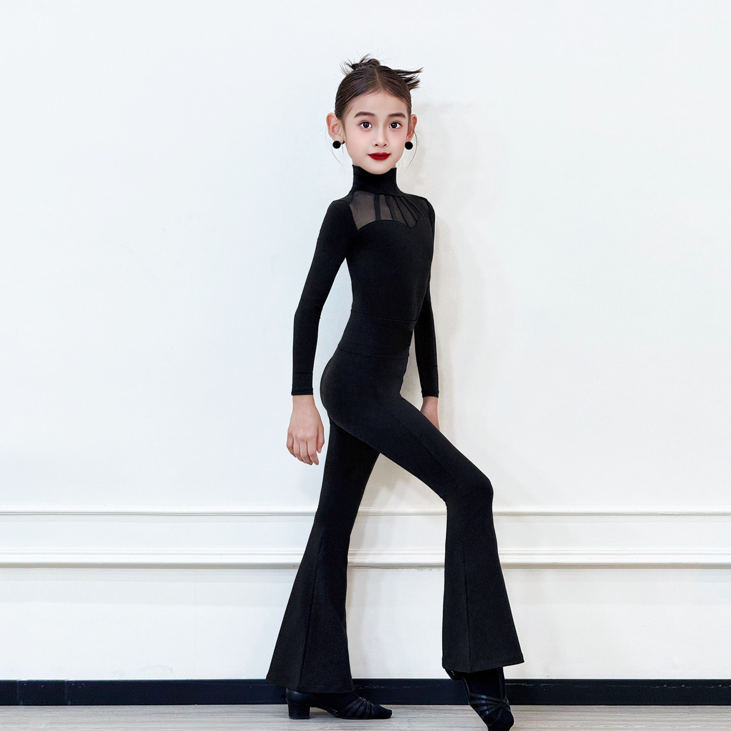 CONNY拉丁舞服女日常跳舞蹈练功服儿童喇叭长裤网纱上衣长袖套装,淘宝优惠券,粉丝福利购,淘宝优惠卷