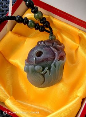 天然保真正品紫绿玛瑙吊坠雕刻连年有余项链鱼莲花项坠一物一图