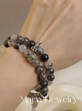 原创天然水晶黑发晶双圈手串女