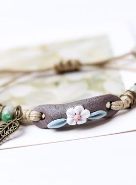 新款陶瓷手捏石上封花系列手链女  简编陶泥 彩色 扁担花叶子款