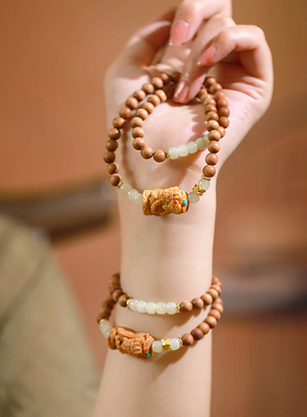 扎基拉姆｜天然香檀木小珠手串藏式多圈和田玉女款唐卡女财神手链