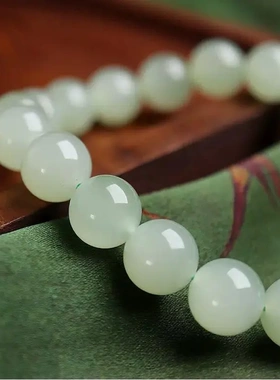 天然晴水和田玉手串女男冰底高冰青白玉珠子串珠散珠玉石配珠手链