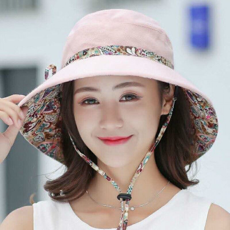 韩版可折叠帽子女夏天遮阳帽帽布帽防紫外线遮脸大沿太阳帽花纹