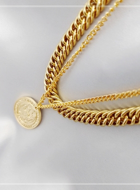 欧美复古金色圆牌吊坠钱币毛衣链
