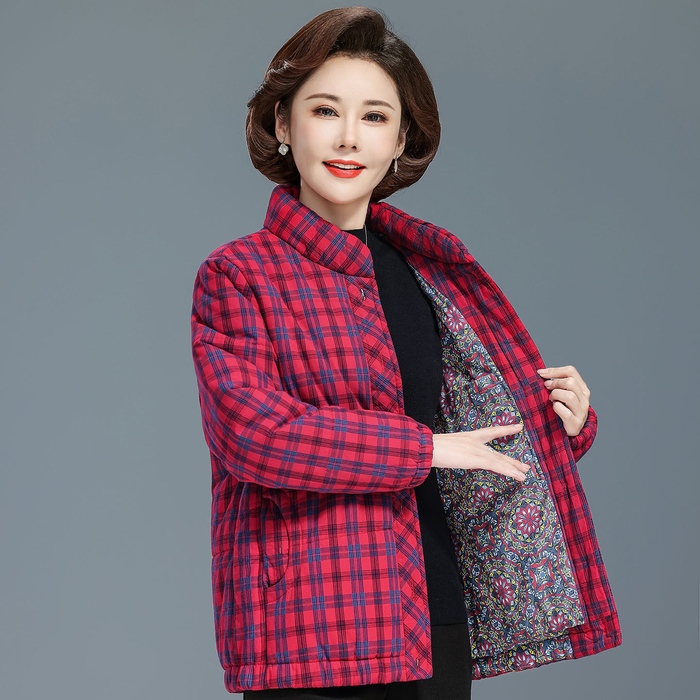 中老年女冬装纯棉格子奶奶棉衣保暖加厚棉服妈妈上衣棉袄立领外套,淘宝优惠券,粉丝福利购,淘宝优惠卷