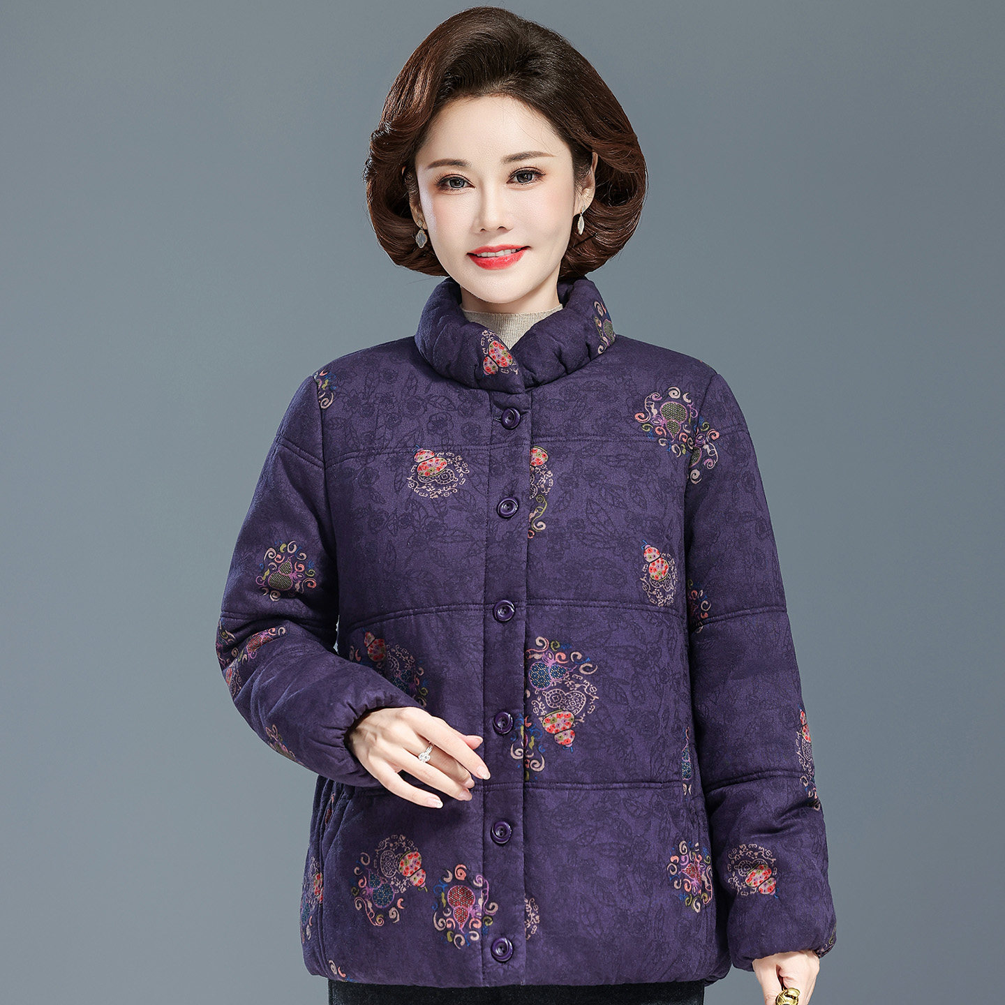 中老年女冬装大码棉衣外套时尚宽松加厚立领短款妈妈棉袄纯棉上衣