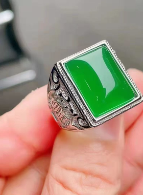 新中式饰品冰绿玉髓招财进宝霸气大气男士方形男戒可调节大小扳指