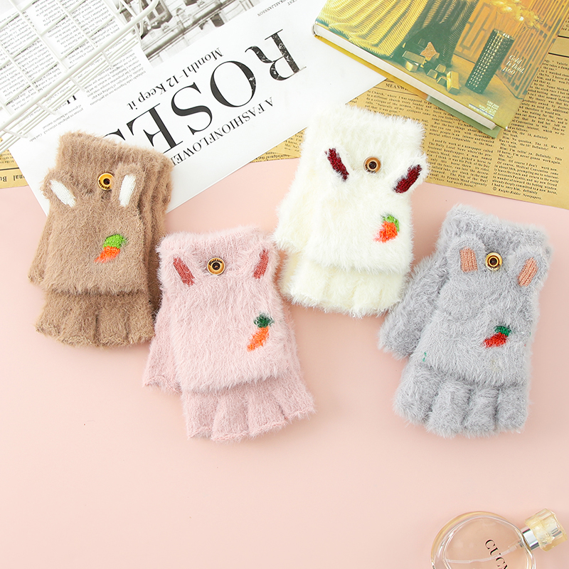 冬季儿童可爱毛绒翻盖手套学生保暖加绒半指卡通写字手套半指手套 - 图2