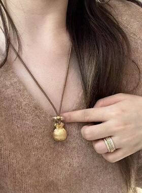 复古新中式拉丝福袋财神棕绳铜镀金项链吊坠时尚两戴设计感锁骨链