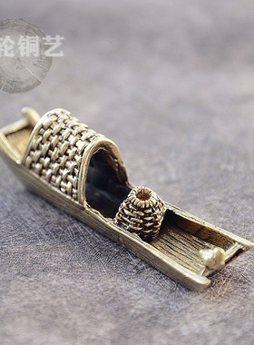 纯黄铜乌篷船摆件铜渔船香插手把件铜器微雕桌面香炉镇纸饰品