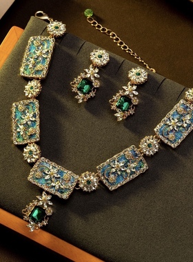 中古风vintage风复古宫廷风珐琅彩花朵项链耳环套装