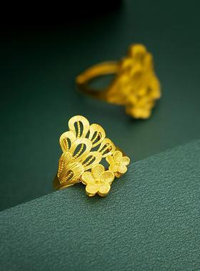 凤尾18k黄金色活口女款花朵戒指女结婚首饰纯金色复古开口戒