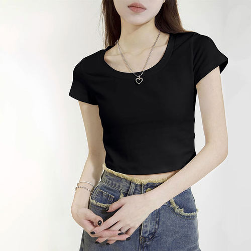 拉夏贝尔黑色正肩短袖t恤女夏2026新款紧身高腰辣妹短款露脐上衣 - 图2