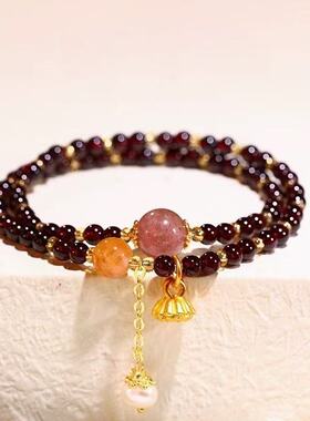 双层叠戴石榴红莲蓬小滴溜手串女轻奢小众精致串珠手链闺蜜手饰品