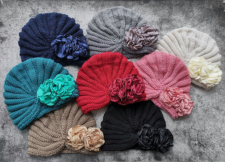 秋冬新款甜美花朵针织帽弹力舒适女毛线帽子复古包头帽保暖套头帽 - 图2