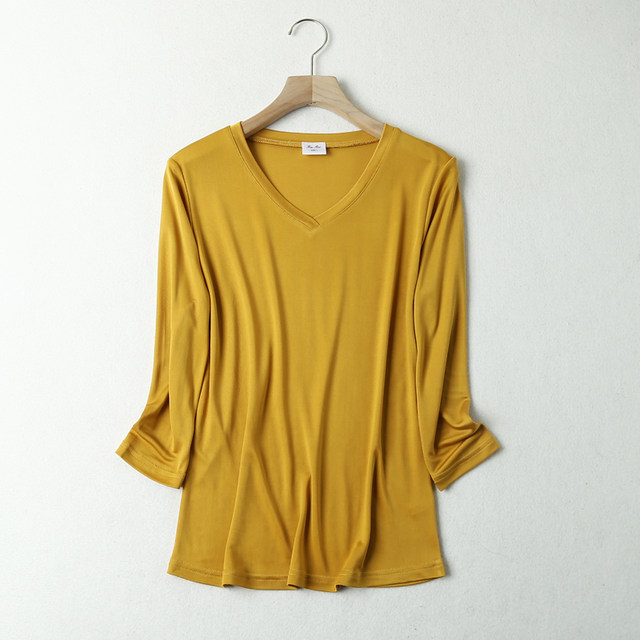 ເສື້ອຍືດຜູ້ຍິງເສື້ອຍືດຄໍ V-neck 3-quarter versatility slim-fit silk knitted women's T-shirt