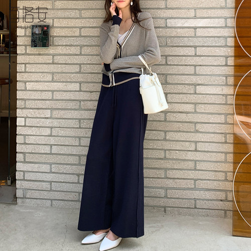 百洛安时尚针织套装女套裤2026秋装新款条纹开衫上衣阔腿裤两件套 - 图3