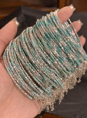 通体s925纯银手链原矿绿松石手串