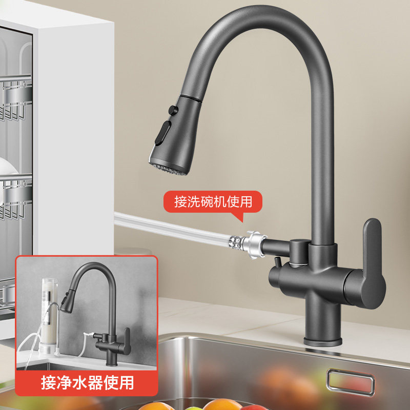 全铜体抽拉厨房水槽洗碗机净水器菜盆冷热伸缩旋转水龙头花洒喷枪