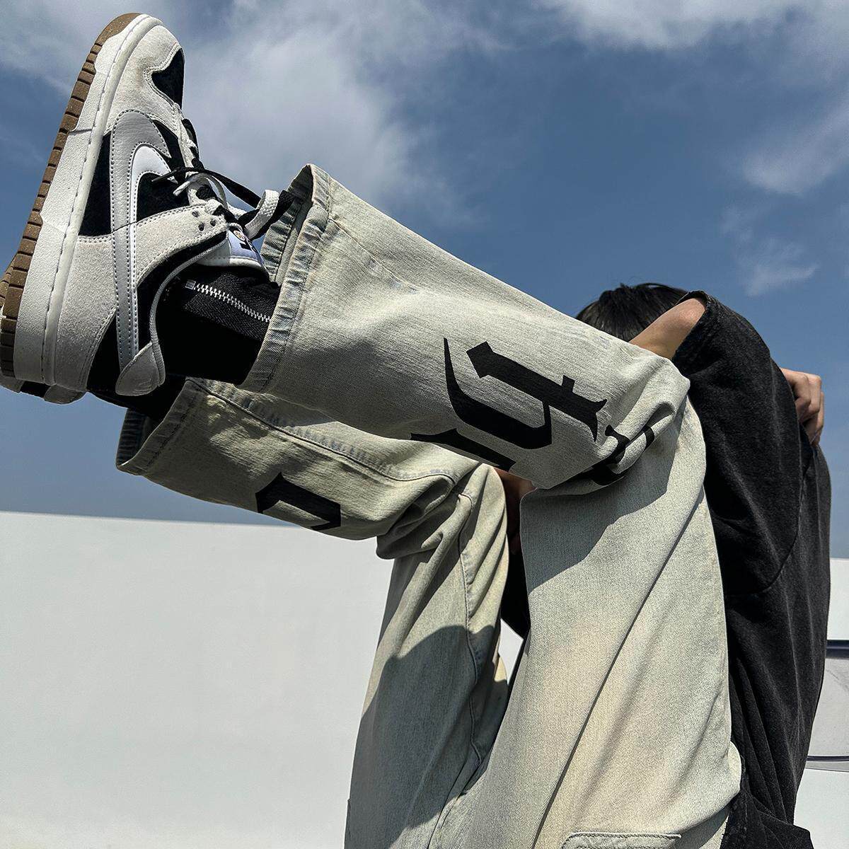 欧美高街牛仔裤潮流黄泥色印花字母ins超火裤子男中大童直筒裤女,淘宝优惠券,粉丝福利购,淘宝优惠卷