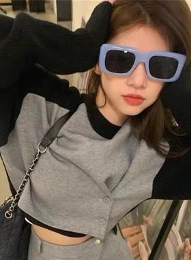新款夏季出游凹造型沙滩太阳眼镜拍照时尚粗腿大方框浅蓝色墨镜女