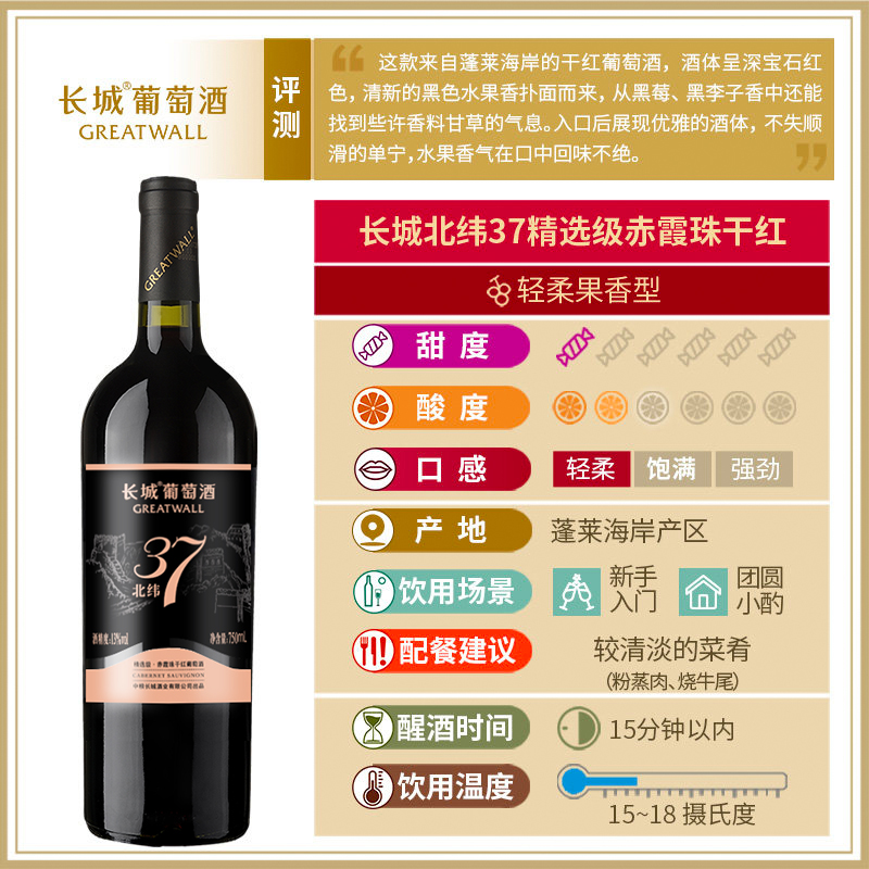 长城北纬37赤霞珠干红葡萄酒红酒官方旗舰店正品6瓶中粮出品 - 图1