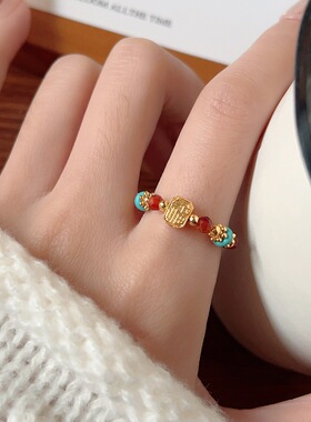 新中式古风天然石蜜蜡和田玉戒指女小众高级感弹力串珠指环食指戒