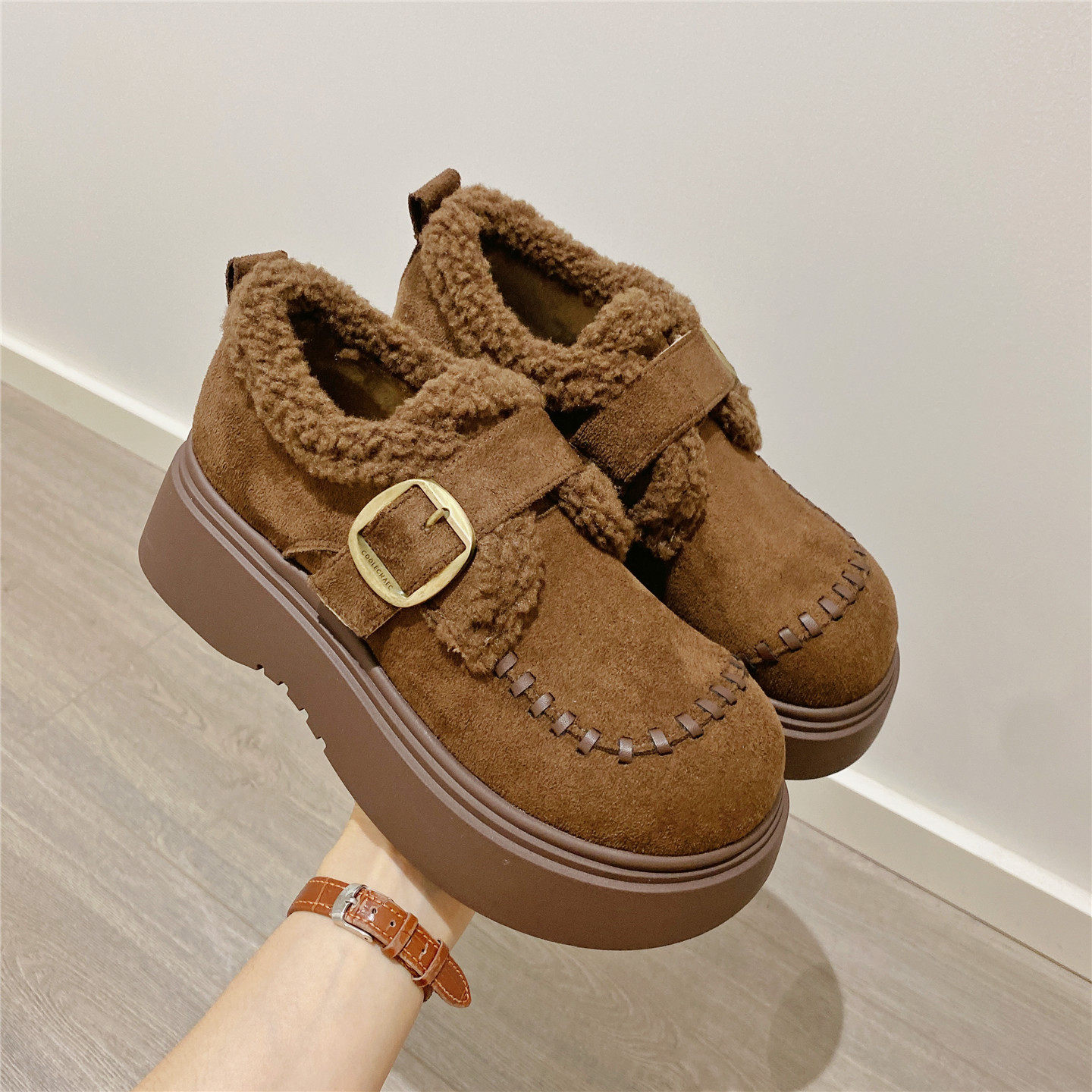 搭扣魔术贴毛毛鞋加绒勃肯鞋女2025冬季新款厚底松糕单鞋保暖棉鞋,淘宝优惠券,粉丝福利购,淘宝优惠卷