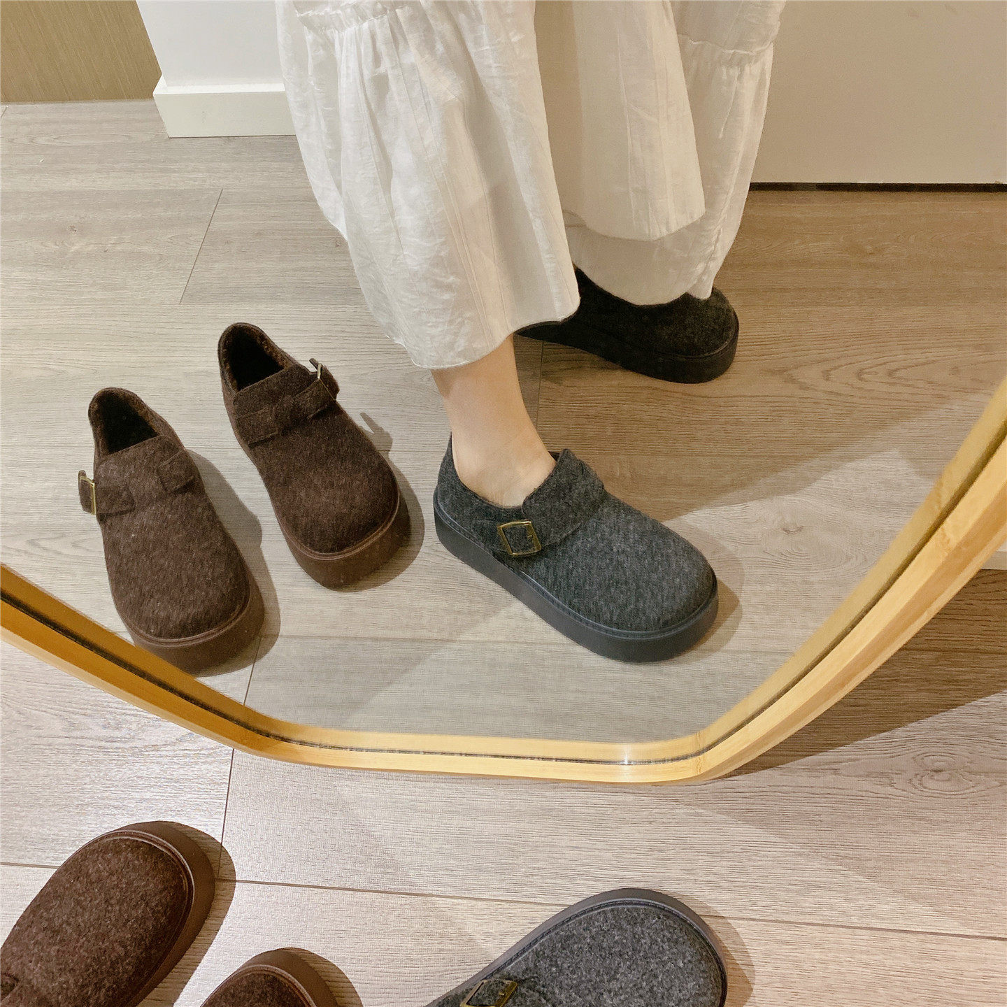 毛毛鞋灰色加绒保暖搭扣单鞋女2025冬季新款厚底松糕棉鞋豆豆鞋女,淘宝优惠券,粉丝福利购,淘宝优惠卷