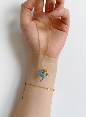 欧美外贸寇池马蹄家镀真金独角兽飞马滴油珐琅彩中古项链锁骨链