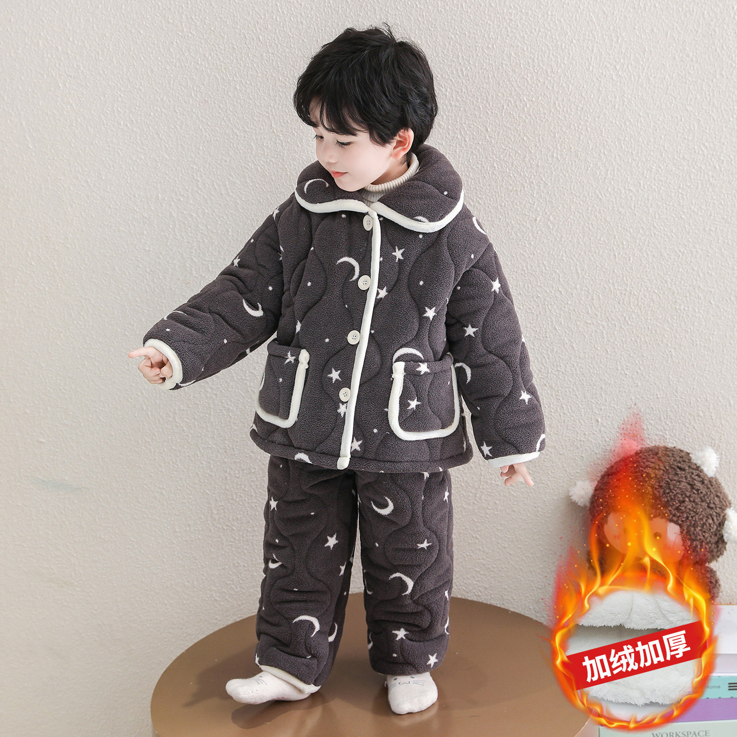 儿童冬季法兰绒睡衣男童三层加绒加厚套装男宝宝法兰绒保暖家居服,淘宝优惠券,粉丝福利购,淘宝优惠卷