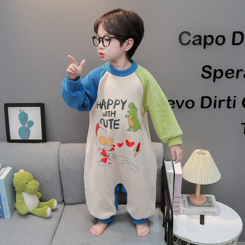 男童睡衣秋冬男宝宝加厚奥粒绒连体防踢睡袋小童男孩双面绒爬服 - 图2