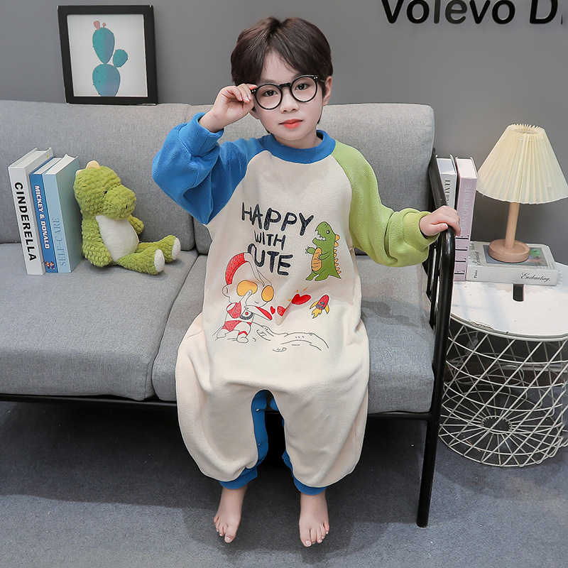 男童睡衣秋冬男宝宝加厚奥粒绒连体防踢睡袋小童男孩双面绒爬服 - 图0