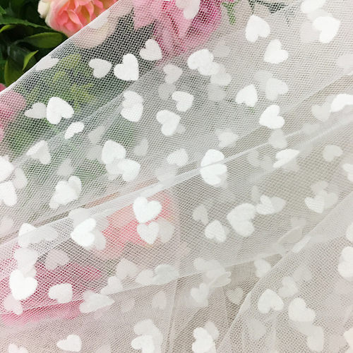 唯甜美黑白色飘雪植绒圆点点波点爱心形网纱蕾丝布面料服装饰婚纱 - 图0