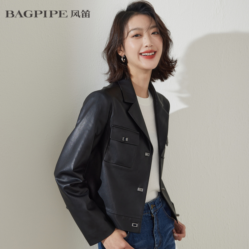 【商场同款】BAGPIPE风笛2022春季新款女时尚百搭翻领机车风皮衣