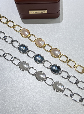 棋“方”对手长方形海水马贝S925银三色手链厚银质感设计小众蓝白