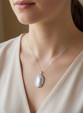 星空蓝厚S925银印尼海水马贝吊坠20*30mm万能扣高级质感毛衣链坠