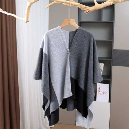 针织纯羊毛披肩拼色外搭秋冬季新款撞色斗篷开衫围巾外穿皮蓬百搭 - 图1