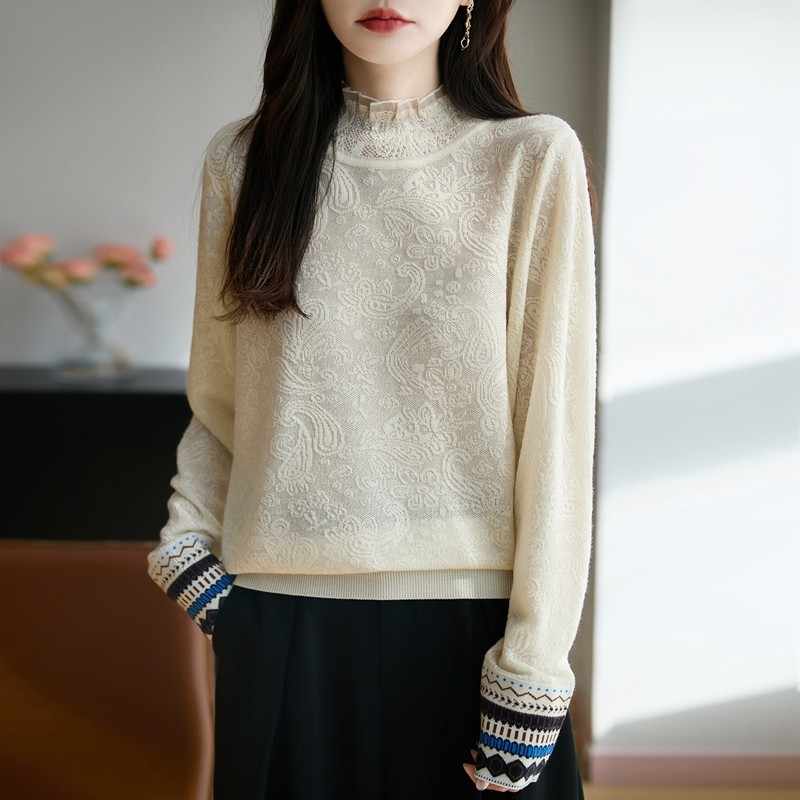 2025新款蕾丝木耳边半高领女士薄款毛衣精纺羊毛打底衫春秋针织衫,淘宝优惠券,粉丝福利购,淘宝优惠卷