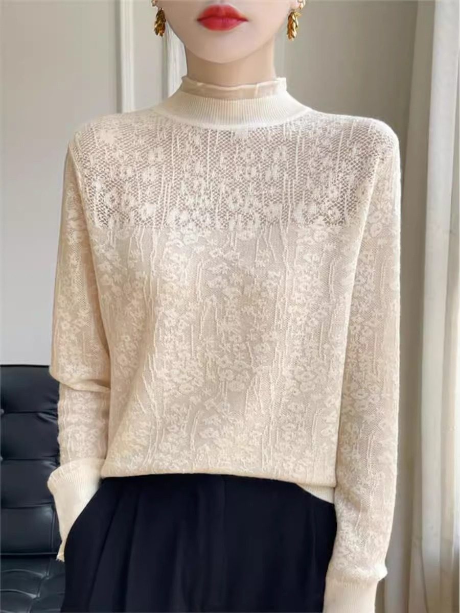 法式时髦洋气花边领长袖打底衫女2024秋冬新蕾丝钩花内搭时尚毛衣,淘宝优惠券,粉丝福利购,淘宝优惠卷