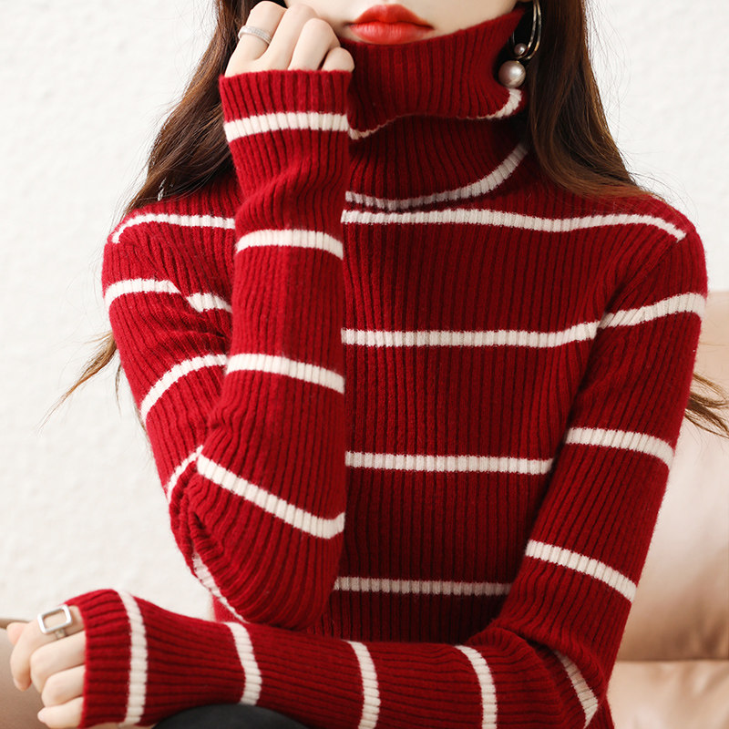 洋气新款修身条纹针织衫女秋冬高领长袖内搭打底堆堆领毛衣上衣潮,淘宝优惠券,粉丝福利购,淘宝优惠卷