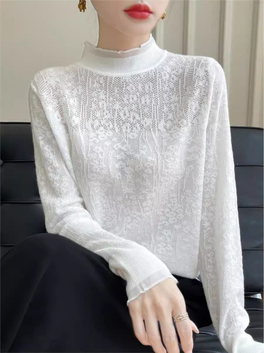 法式时髦洋气花边领长袖打底衫女2024秋冬新蕾丝钩花内搭时尚毛衣,淘宝优惠券,粉丝福利购,淘宝优惠卷