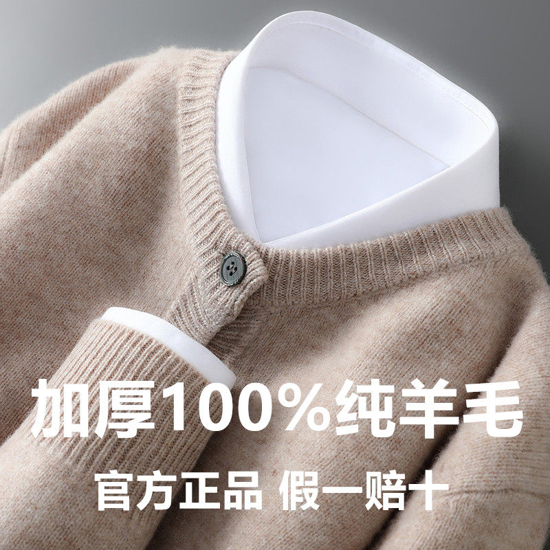 加厚100%纯羊毛衫男开衫外套宽松圆领毛衣秋冬新款针织打底羊绒衫,淘宝优惠券,粉丝福利购,淘宝优惠卷