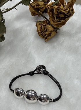 3099金属圆球手链男女通用可调节黑色皮绳简约时尚饰品