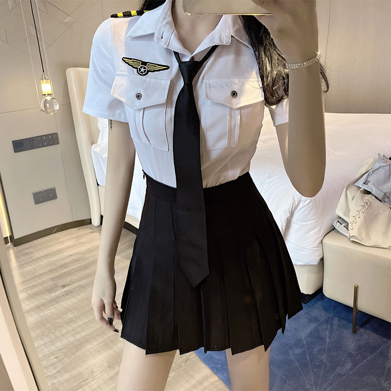 网红直播空姐制服夜店酒吧工作服海军风职业装领带衬衣女主播套装-图1